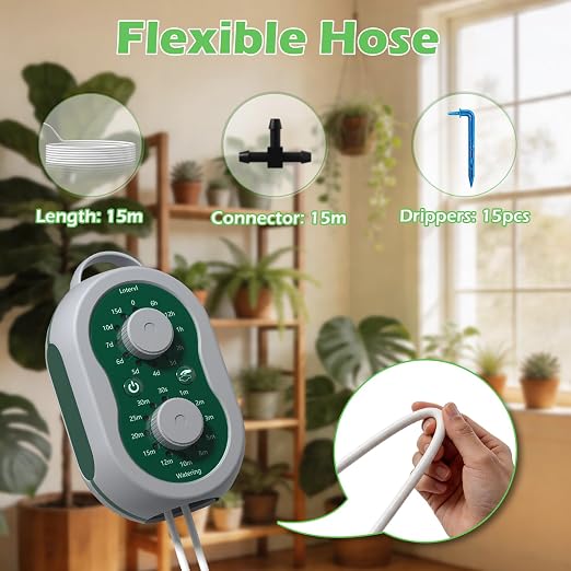 Automatic Drip Irrigation System for Garden with USB & Timer, 50FT Plant Watering Devices for 15 Pots, IP65 Waterproof 2200mAh Watering System for Indoor Outdoor Lawn Farm Greenhouse Balcony Patio