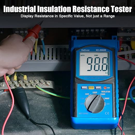 Digital Megohmmeter, Kethvoz 500V/1000V/2500V/5000V Insulation Resistance Tester, Auto Range Megohm Meter 1MΩ~2GΩ, Testing AC Voltage 750V,Data Hold Backlit LCD for Heat Cable HAVC Motor Winding