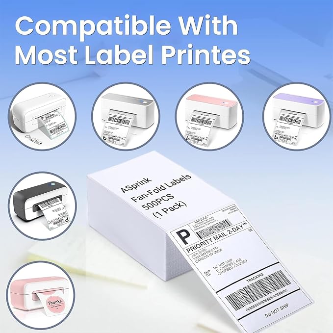 ASprink 241BT Bluetooth Thermal Label Printer 4X6 - Wireless Shipping Label Printer for Small Business & 4"x 6" Fanfold Thermal Labels (Fanfold Style & 500 Labels)