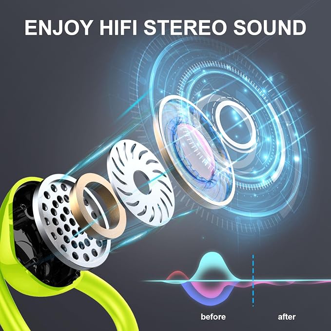 Wireless Earbuds Sport, 2025 Bluetooth 5.3 Headphones Bass Hi-Fi Stereo Over Ear Buds, 48Hrs Noise Cancelling Headset with Earhook, IP7 Waterproof Earphones Workout Running for Laptop Pad Android iOS