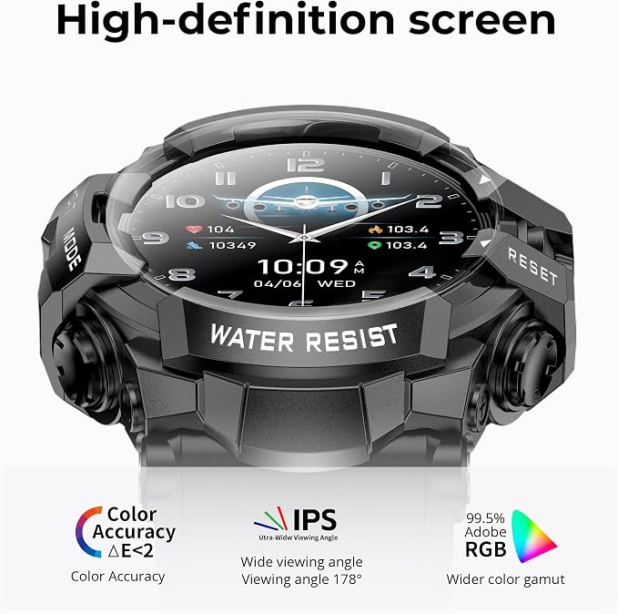 MIDDOW Military Smart Watch with Flashlight (Answer/Make Call) Compass, Heart Rate/Sleep/Sports Tracker, IP68 Waterproof, Long Battery Life, HD Screen, Android & iOS (Black)