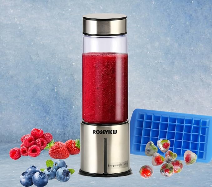 Portable Smoothie blender ROSEVIEW Glass bottle USB rechargeable mini Handheld Ice Shakes Cup 2 blend juicer Cordless Personal smoothies maker Fruit mixer