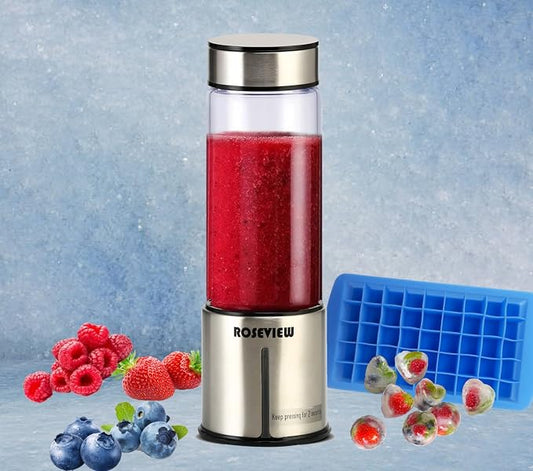 Portable Smoothie blender ROSEVIEW Glass bottle USB rechargeable mini Handheld Ice Shakes Cup 2 blend juicer Cordless Personal smoothies maker Fruit mixer