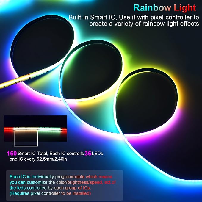 COB Led Light Strip RGB Smart IC Addressable 32.8FT, 24V Led Tape Lights with WiFi Bluetooth APP Remote Control, 10mm Width Flexible Color Chasing Light for TV Backlight Bedroom Party