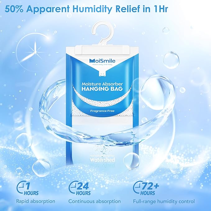 Moisture Absorbers 20 Pack Fragrance Free, Hanging Closet Dehumidifier Bags, Humidity Absorber, Compact Eliminates Odors for Car, Bathroom, Bedroom, Basement, 9.8OZ