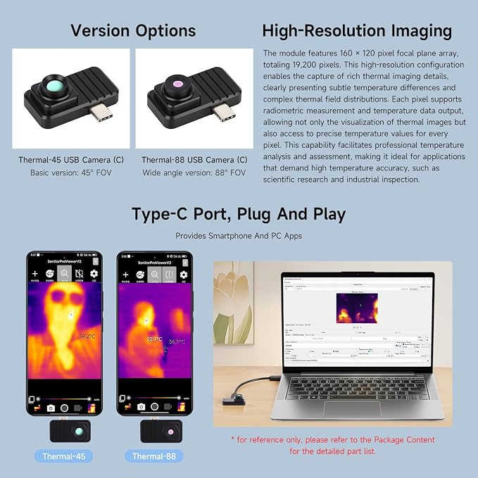 Waveshare Smartphone Infrared Thermal Imaging Camera, Type-C Port, Plug-and-Play, 160×120 Pixels, 45° Field of View, with Aluminum Alloy Case
