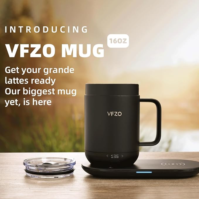 16Oz Temperature Control Smart Mug, Self Heating Coffee Mug LED Display, 180 Min Battery Life - Hot up to 149℉ Fast Wireless Charger Base Improved Design(16oz, Coffee)