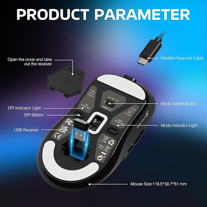ATTACK SHARK X3 Lightweight Wireless Gaming Mouse with Tri-Mode 2.4G/USB-C Wired/Bluetooth,Up to 26K DPI, PAW3395 Optical Sensor,Kailh GM8.0 Switch,5 programmable Buttons for PC/Win/Mac(Black)
