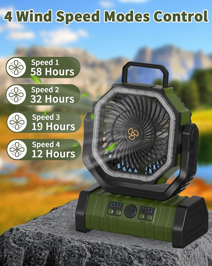ADUST Camping Battery Powered Fan with LED Light 20000mAh Rechargeable Portable, Oscillating Cordless USB Desk Fan with Rotation Hanging Hook for Tent, Canopy, Beach, Outdoor Travel(Green)