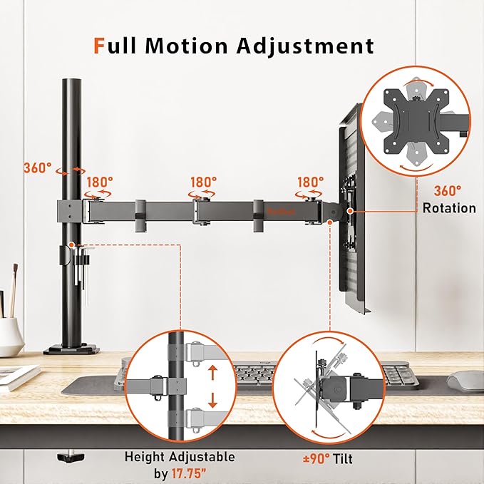 Redbat Laptop Arm for Desk, Fully Adjustable Monitor Arm with Vented Tray for 13" to 32" LCD Screens and Notebook up to 17", Holds up to 22lbs, VESA 75/100 Compatible, Dual Mounting Options