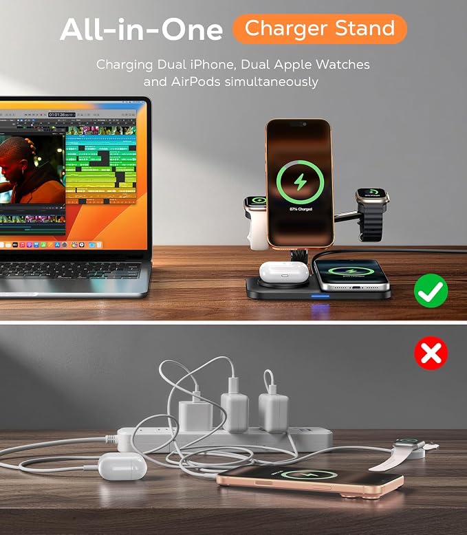 45W 5 in 1 Magnetic Charging Station for Apple Multiple Devices, Dual Phone & Apple Watch Charger Stand, Fast Wireless Charger for MagSafe Charger for iPhone 17-12 Series, for Apple Watch & AirPods