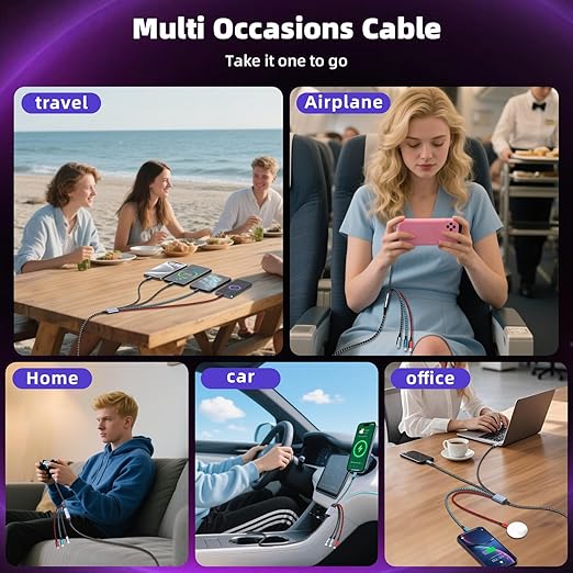 Dual Type-C Ports 4 IN 1 Multi Charging Cable Cord, USB to USB C Cable for Multiple Devices, Travel Vacation Essentials Phone Charger Cord with iPhone 17/IP/Micro for iPhone 17-11/Android(5FT 4Pack)
