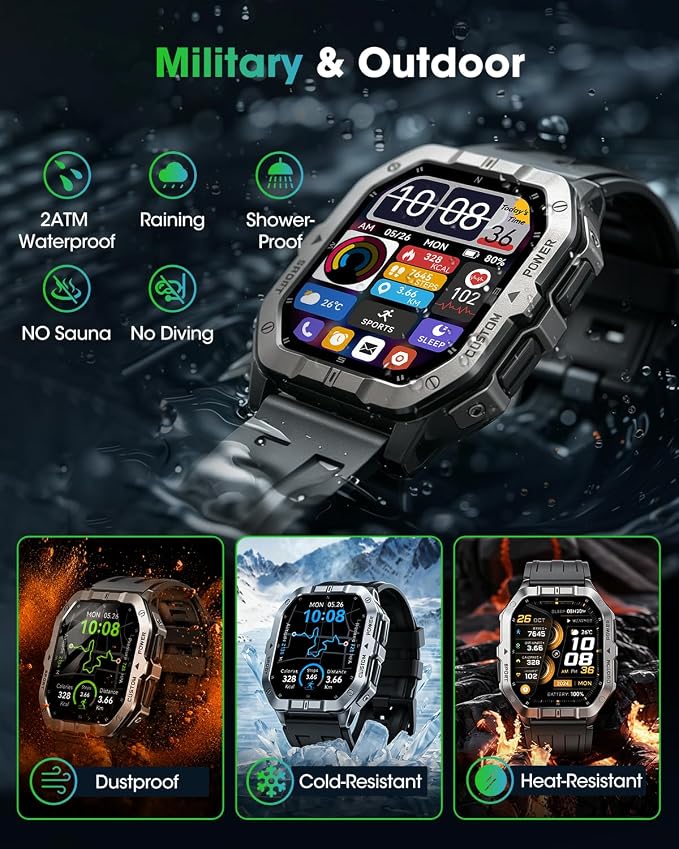 Military Smart Watch Built-in GPS, 100+ Sport Modes for Men, Smartwatch with Heart Rate & Sleep Tracking, 2ATM Waterproof, Bluetooth Calling, Fitness Watch for iPhone & Android, Black