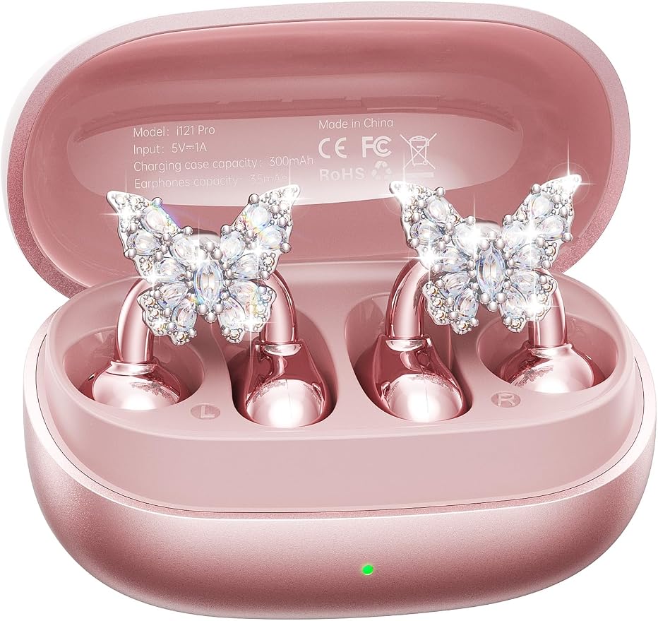 Kinglucky Gen2 Clip-On Open Ear Earbuds with Sparkle Butterfly Earrings, Earrings-On Storage Case, Bluetooth 5.4 Wireless Headphones for Women, 40H Playtime, Comfortable Fit for Small Ears, Rose Gold
