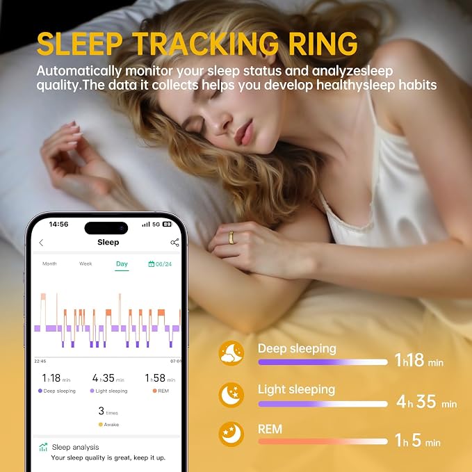 Smart Ring for Women & Men, Health Tracker Ring with Heart Rate, SpO2, Blood Pressure,Temperature, HRV & Stress, IP68 Waterproof Fitness Ring, Sleep Tracker for iPhone & Android, No App Fee(Gold, 7#)