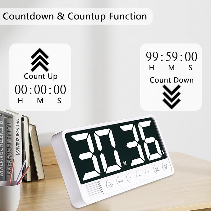 Digital Kitchen Timer - 7.1” Extra Large Display LED Magnetic Rechargeable Countdown/Up Timer, with 6 Alarms 4 Levels Volume Memory Function for Cooking, Classroom, Office, Home Gym (White)