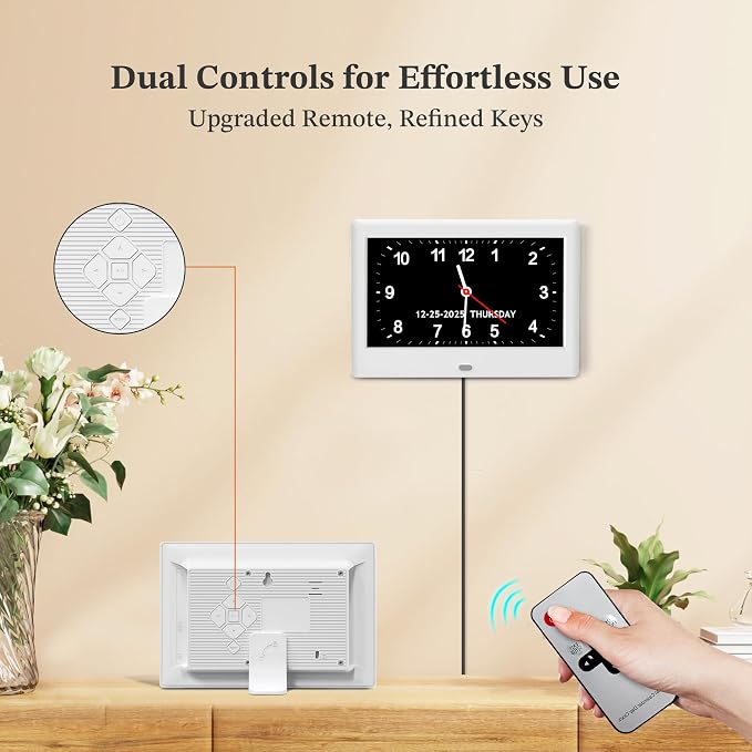 7'' Dementia Clock For Seniors, Large Display Digital Clock With Date, Time, Day Of Week for Elderly, Alzheimer, 1024*600P HD, 10 Reminders & 8 Alarms, Auto Dimming & DST, Remote Control, White
