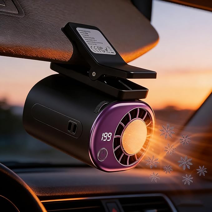 2026 Car Clip on Fan Air Conditioner Fan with Led Display - 360°Rotation, 199 Speeds Adjustable USB Rechargeable Portable Personal Cooling Fan For Car 16℃ Semi-Cooling Wide Clamp