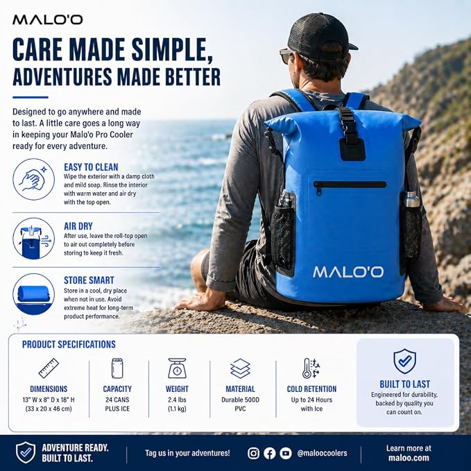 Malo’o Pro Insulated Backpack Cooler, Leakproof Soft Cooler Backpack for Camping, Fishing, Hiking, Kayaking, Beach