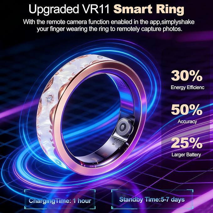 V10 Smart Ring for Women Health Tracker Ring with Heart Rate, Blood Oxygen,Blood Pressure, Sleep & Stress Tracker,iOS & Android Compatible, No APP Fee,IP68 Waterproof Fitness Ring White 9#