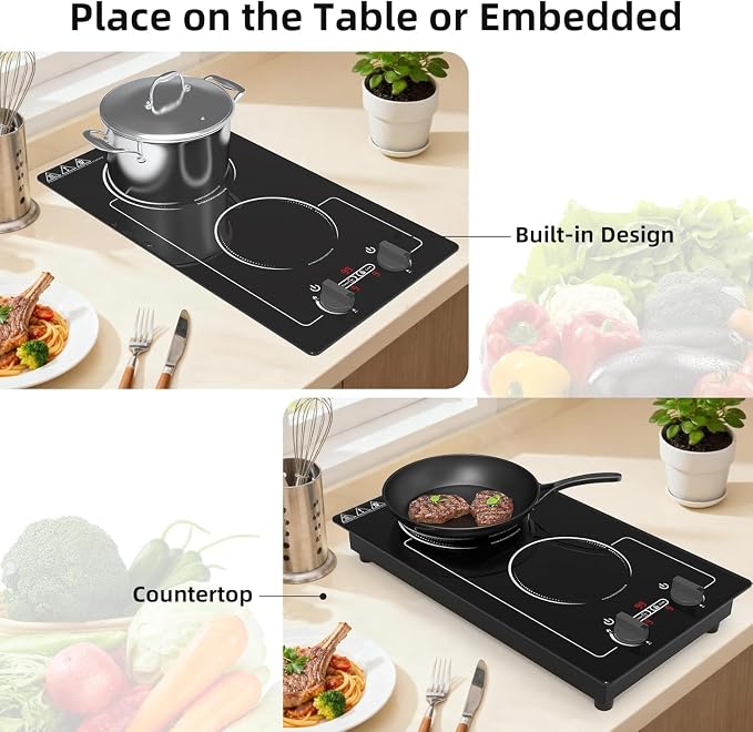 VBGK 2 burner Induction cooktop,110V 2300W double burner hot plate with LED Touch Screen, 9 Power Levels, Kids Lock & Timer, Overheat Protection, knob and touch control Double Induction Cooktop