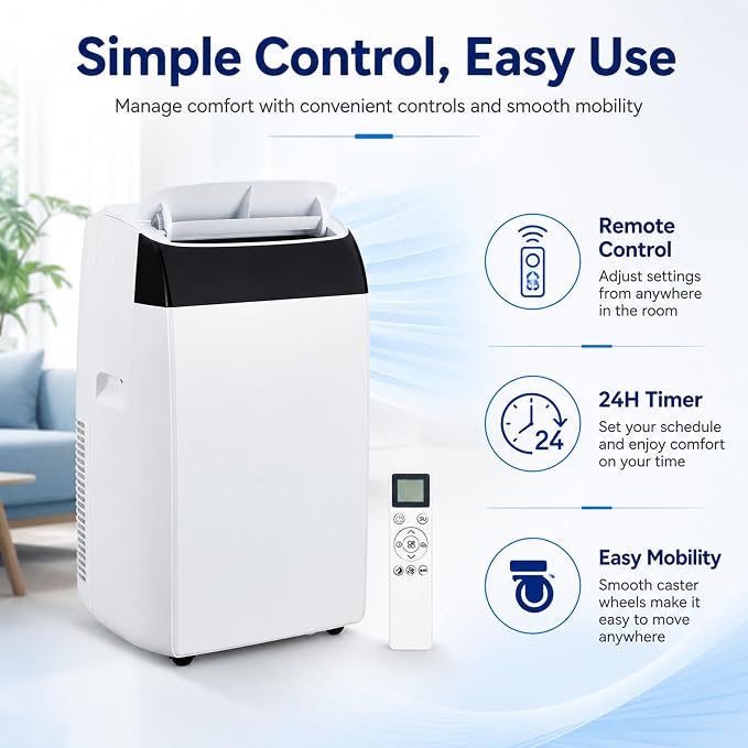 14000 BTU Portable Air Conditioners for Rooms up to 750 Sq. Ft, 3-in-1 AC Unit with Cooling, Dehumidifier & Fan, Energy-Saving, Remote, 24-Hour Timer& Window Kit, for Bedroom, Office, Dorm