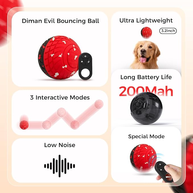 Diman Interactive Dog Ball Toys with Remote Control, E-TPU Material | Interactive Puppy Toys, Bouncing Dog Ball, Moving Dog Toys to Keep Them Busy, 3.2 Inch, Red Black