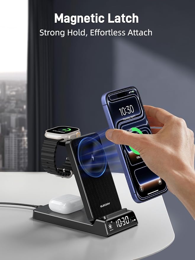 3 in 1 Charging Station for Apple, ELECDOV Magnetic Charger for iPhone, Foldable Wireless Charger with Clock, Travel Watch Charger Stand for iPhone 17/Air/16/15 Series, iWatch 10/AirPods 4