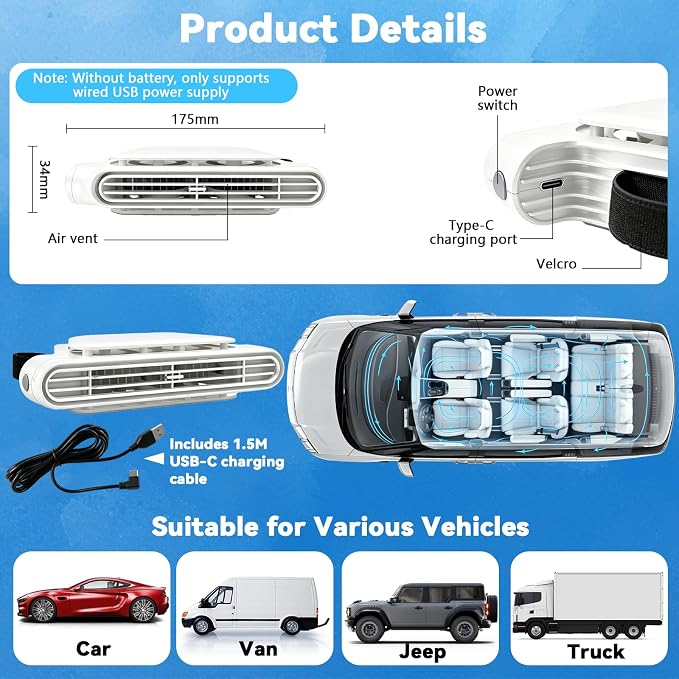 1PCS Car Seat Fan, Portable Car Fans for Backseat for Kids, USB Rechargeable Backseat Neck Cooling Air Conditioner Cooler Vent Clip on Fan with 3 Adjustable Wind Speeds Device for All Cars-White