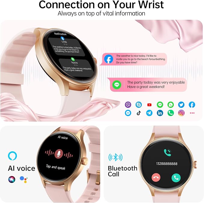 Woneligo Smart Watch for Women,1.57inch AMOLED Touchscreen Fitness Watch for iPhone & Android,Heart Rate/Sp02/Sleep Monitor,110+ Sport Modes IP68 Waterproof Bluetooth Calls,2 Bands (Pink, 1.57)