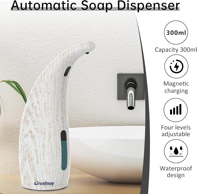 Adjustable Automatic Soap Dispenser Touchless, 4 Adjustable Levels Touchless Sensor Liquid Soap Pump Dispenser，300ml Rechargeable Magnetic Charging Hand Soap Dispenser for Kitchen，Bathroom