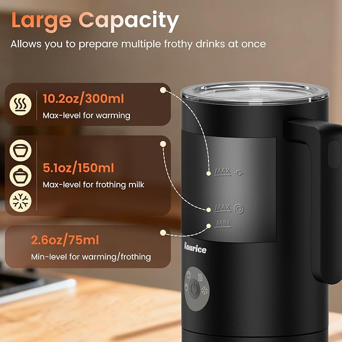 Milk Frother Electric, 4-in-1 Milk Frother and Steamer for Latte, Cappuccino, Hot & Cold Milk Froth Maker, Automatic Milk Steamer and Frother, Quiet One-Touch Operation, Easy to Clean