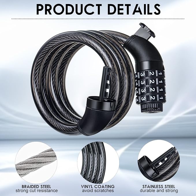Hotop 8 Pcs Bike Locks Bulk High Security 4 Digit Heavy Duty Bicycle Cable Locks with Mounting Bracket 4 Ft Resettable Coiling Bike Lock with Combination, 1/2 Inch Diameter(Black)