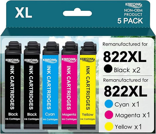 Remanufactured Ink Cartridges for Epson 822XL Ink Cartridges 822 822 XL with Workforce Pro WF-3820 WF-3823 WF-4820 WF-4830 WF-4833 Printer (2 Black Cyan Magenta Yellow, 5 Pack)