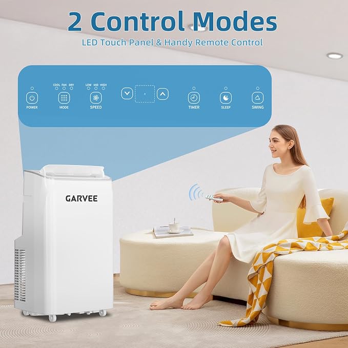 12000 BTU Portable Air Conditioner with White Body and Black Top Cover, Cooling, Dehumidifying & Fan Functions, Perfect for Large Rooms, Quiet Operation, 24-Hour Timer & Energy Saving