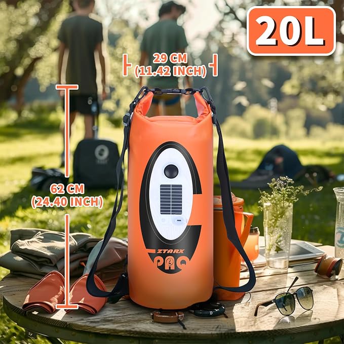FELICON Waterproof Dry Bag Backpack with Bluetooth Speaker, 20L Roll Top Floating Sack, Solar & USB-C Powered Emergency Charger, RGB Light, Heavy Duty PVC for Kayaking Camping, Orange