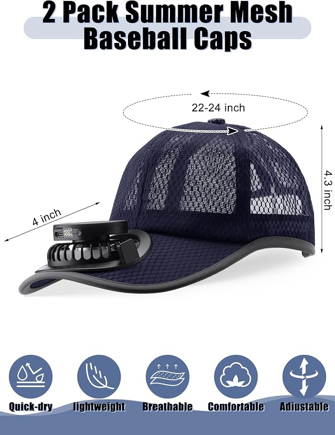 Yaomiao 2 Pcs Solar Baseball Cap with Fan Unisex Sun Protection USB Charging Fan Mesh Hat for Summer Outdoor