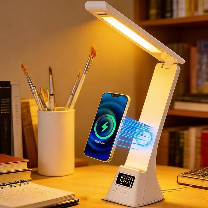 All-in-One Wireless Charging Desk Lamp with Digital Clock & Alarm, 15W Fast Phone Charger, 3 Color Lighting Modes, 180° Foldable, Touch Control for Bedroom, Office,HYV-2088 White.
