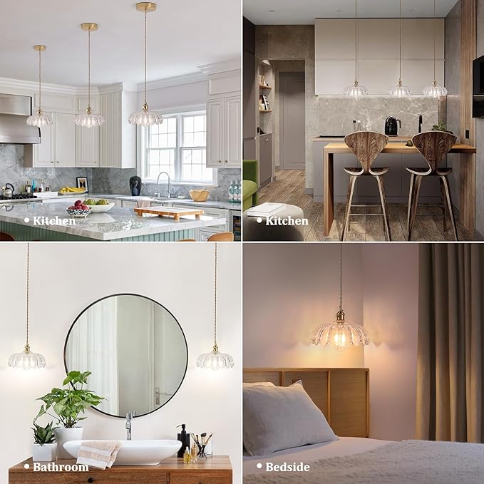 Shenmoyl Pendant Light with Clear Scindapsus Glass Lmapshade, Brass Vintage Pendant Light Adjustable Hanging Light for Kitchen Island Dining Room Hallway