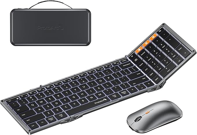 ProtoArc Backlit Foldable Keyboard and Mouse, XKM01 Pro Full-Size Portable Office Suite for Business Travel & Night Typing, Consistent Workspace Anywhere, 3-Device Connectivity for Hybrid Pros - Gray