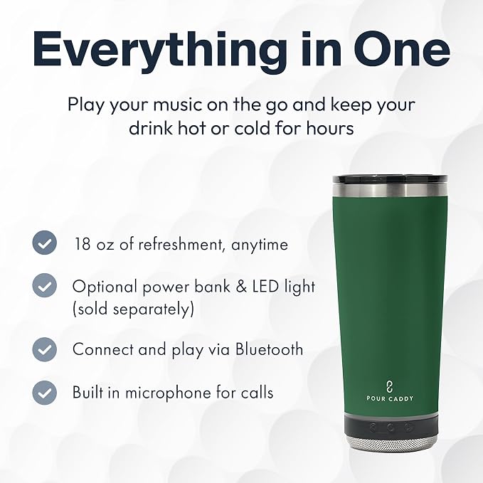 Vibe 18 oz Tumbler with Bluetooth Speaker, Insulated Stainless Steel Travel Cup with Lid, Hot & Cold Drink Beverage Container, Removable Speaker with Microphone, Rubber Base, Dark Green