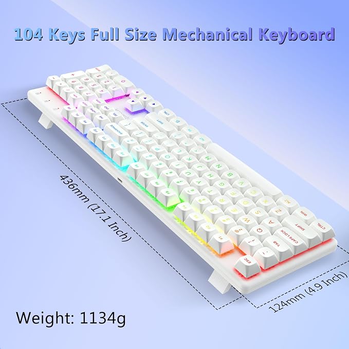 Redragon K710 Wireless Mechanical Gaming Keyboard, Bluetooth/2.4G/Wired Tri-Mode, RGB Backlit, Clicky Blue Switch, Rechargeable Battery, Solid Metal Panel, PBT Keycaps for PC/Mac, White