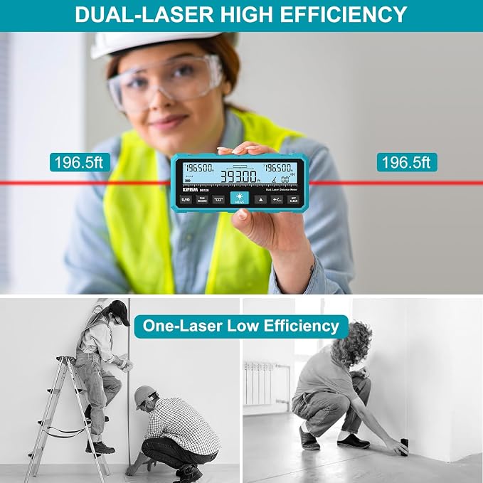 Kiprim DR120 Dual Laser Distance Meter with Bidirectional Laser Emission, Vertical Laser Marking Line, and Electronic Level, Measures in Meters, Feet, and Inches, 393ft/120m Range Rangefinder