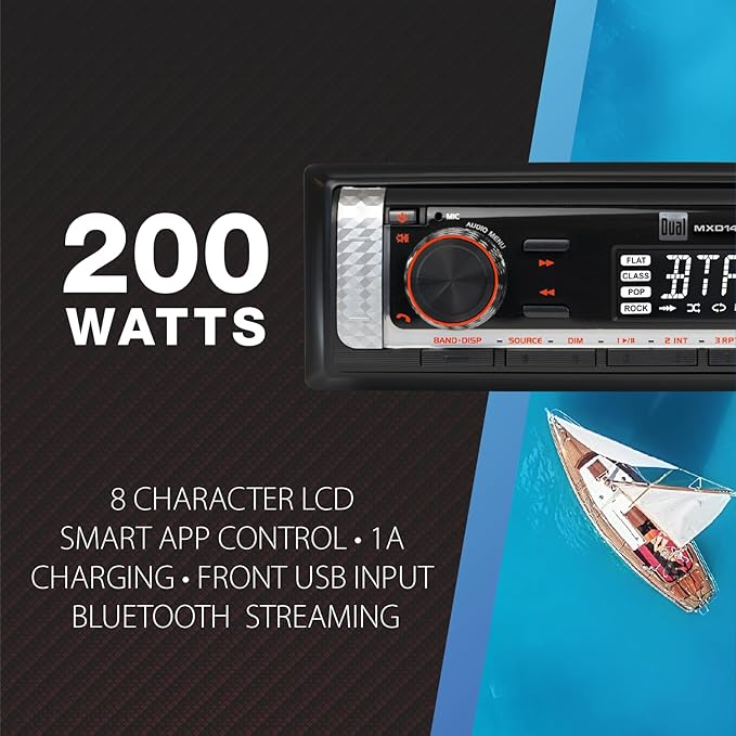 Dual Electronics MXD140B Marine Stereo with Built-in Bluetooth | Single DIN 8-Character Sunlight-Readable LCD Display | Weatherproof | AM/FM Stereo Receiver | USB Port with 2.1 A Charging | Black