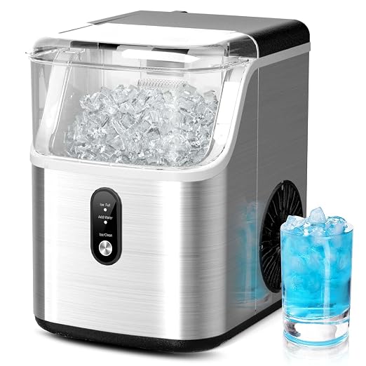 Nugget Ice Maker Countertop, 40lbs/Day Stainless Steel Small Soft Chewable Pebble Ice Machine, Pellet Ice Crunchy Nuggets, Quiet Mini Chewy Ice Maker Self Cleaning for Home Kitchen Office