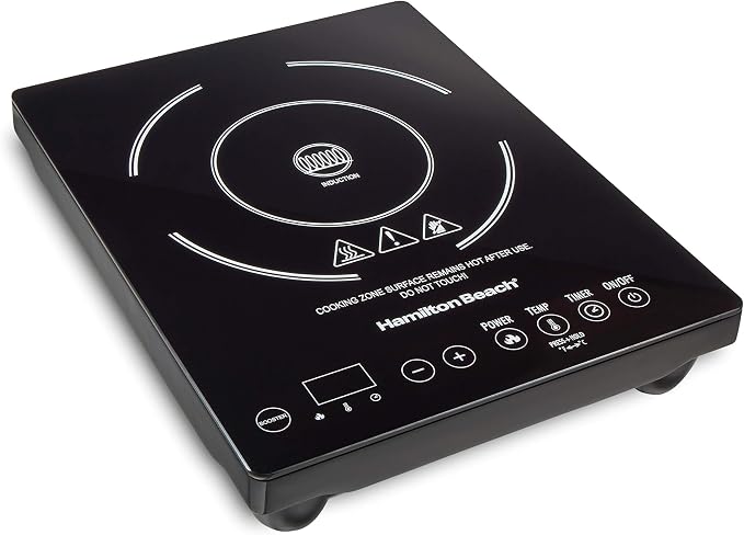 Hamilton Beach Portable Single Induction Cooktop Countertop Burner Hot Plate with Fast Heating Mode, 1800 Watts, 10 Temperature Settings up to 450F, Black (34104)