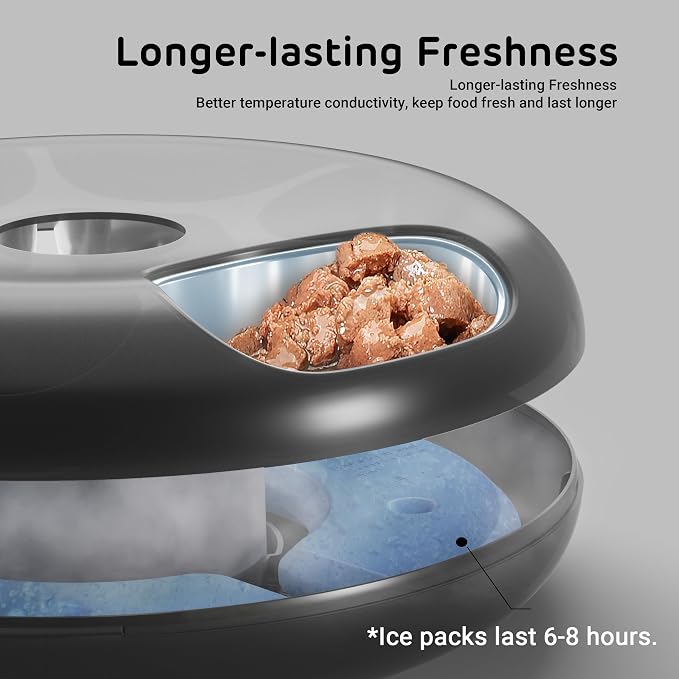 [Stainless Steel Tray Version] iPettie Donut Frost WiFi 6 Meal Automatic Wet Food Feeder with Ice Packs for Senior and Weak Pets, App Control Programmable Timer, Holds 6 x ½ lb. of Food, Black