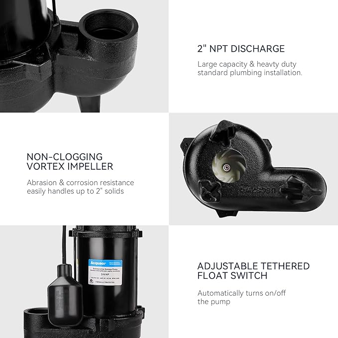 Acquaer 1/2HP Submersible Sewage/Effluent Pump, 6000 GPH, Cast Iron, Automatic Tethered Float Switch, 115V Sump Pump for Sump Basin, Residential Sewage, Basement, 2'' NPT Discharge