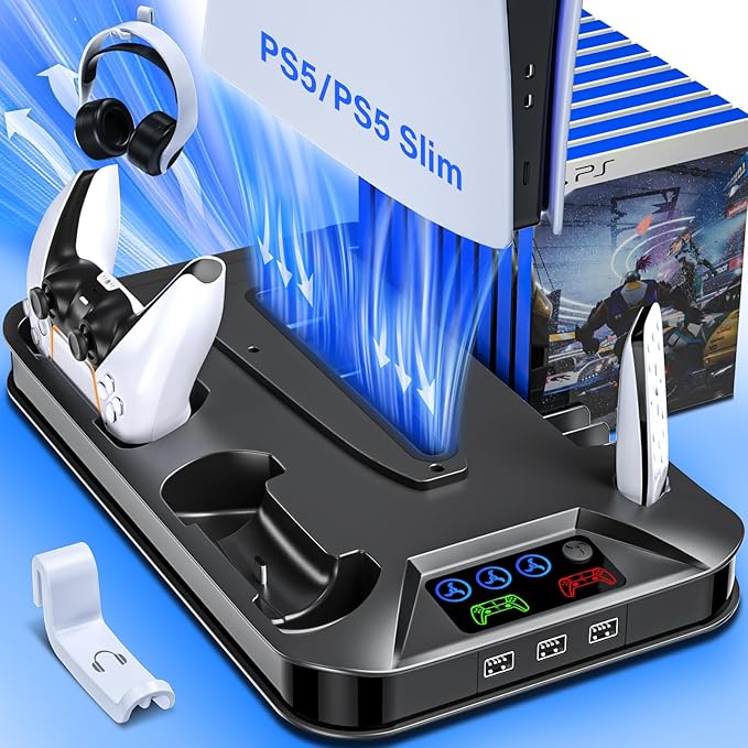 Cooling Station Console for Playstation PS5/Slim/Pro, Stand with Controller Charging Station for Playstation Console Playstation 5 Slim&Standard Disc/Digital Console, Cooler Accessories for PS5 Incl Cooling Fan/3 USB Hubs