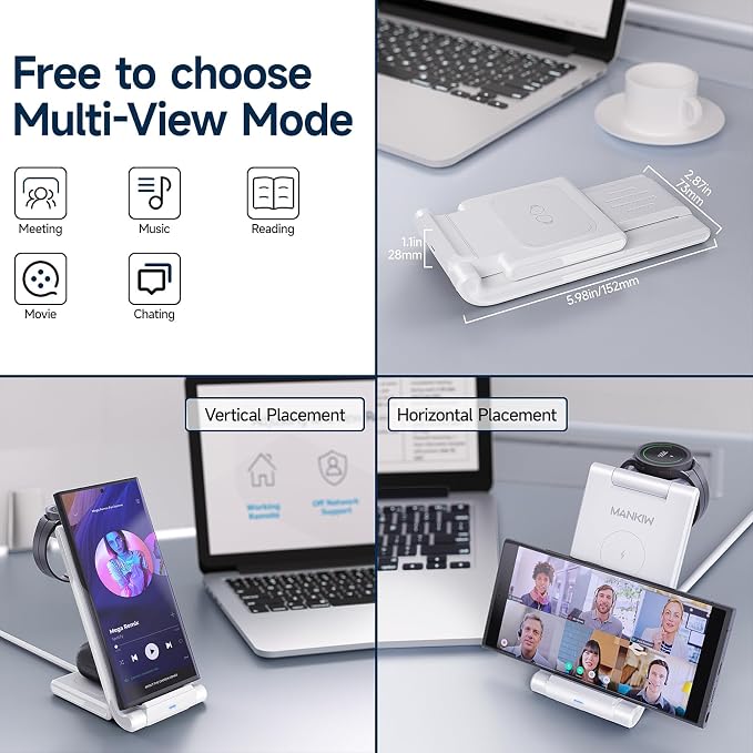 Wireless Charging Station for Samsung,MANKIW Foldable 3 in 1 Fast Charger Station for Galaxy S24 S23 S22 S20 Ultra Z Flip Fold 5/4/3Galaxy Watch 6/5/4/3Buds-White